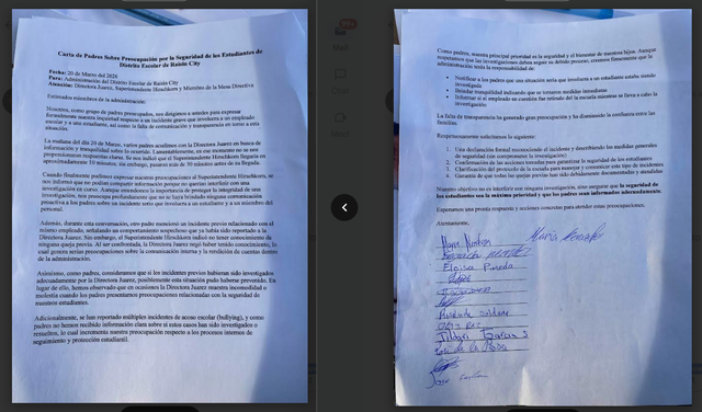 In the letter, written in Spanish, Raisin City School District’s parents state, “We, as a group of concerned parents, are writing to you to formally express our concern regarding a serious incident involving a school employee and a student, as well as the lack of communication and transparency surrounding this situation.”